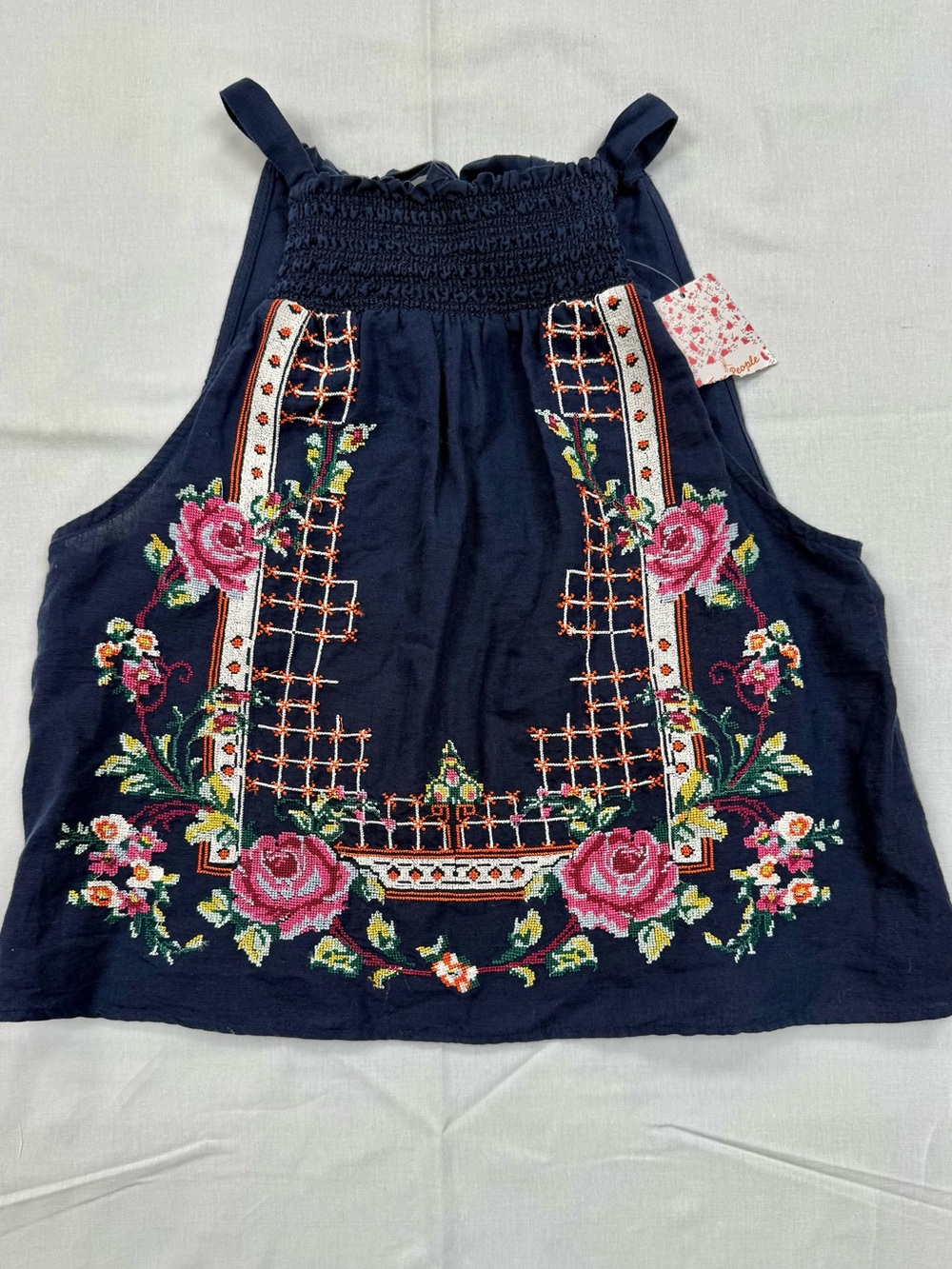 NWT Free People Honey Pie Embroidered Halter Tank Small Navy Floral Boho